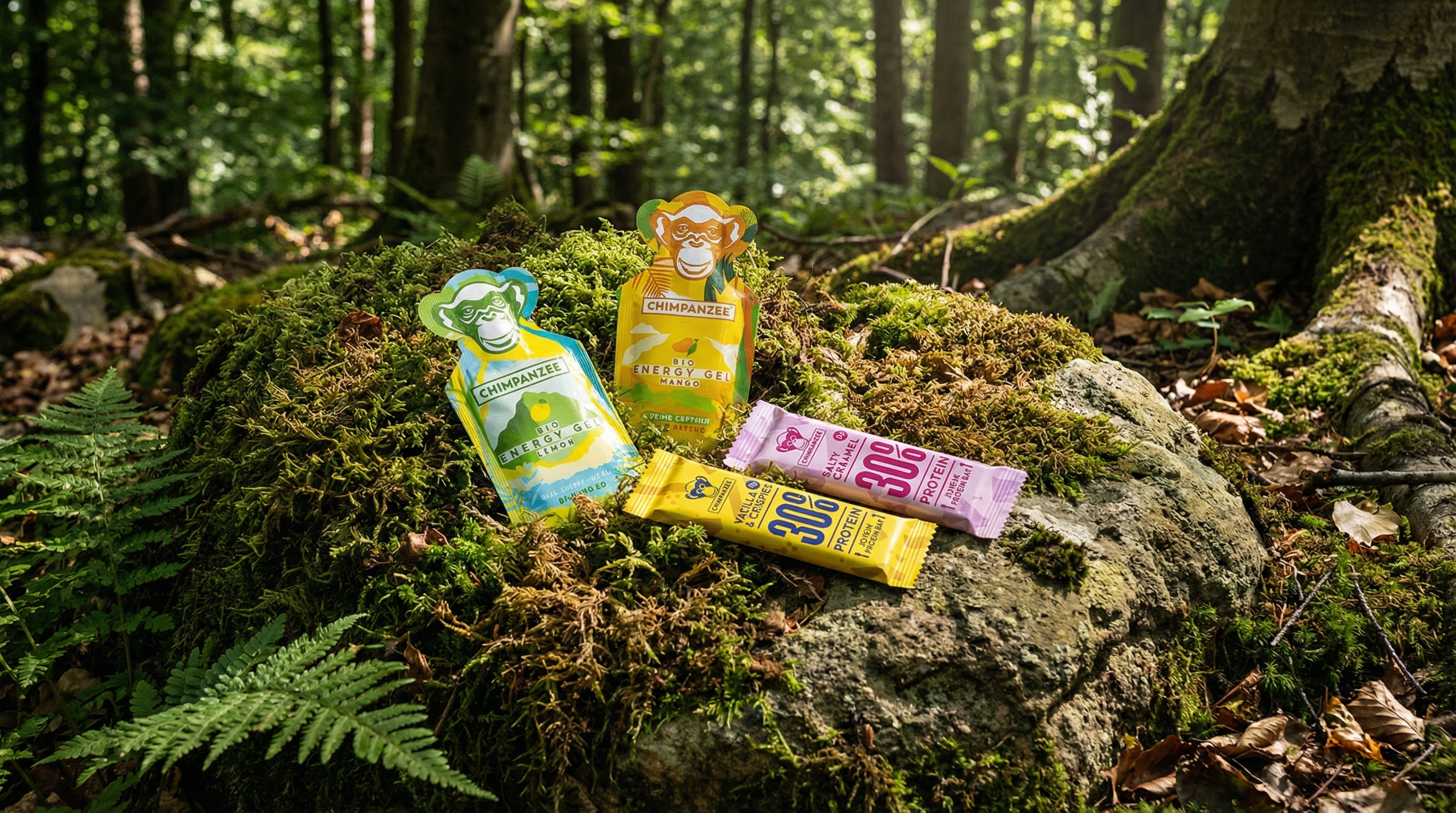 Chimpanzee energy gel en energiereep voor trailrunning en hiking in bos