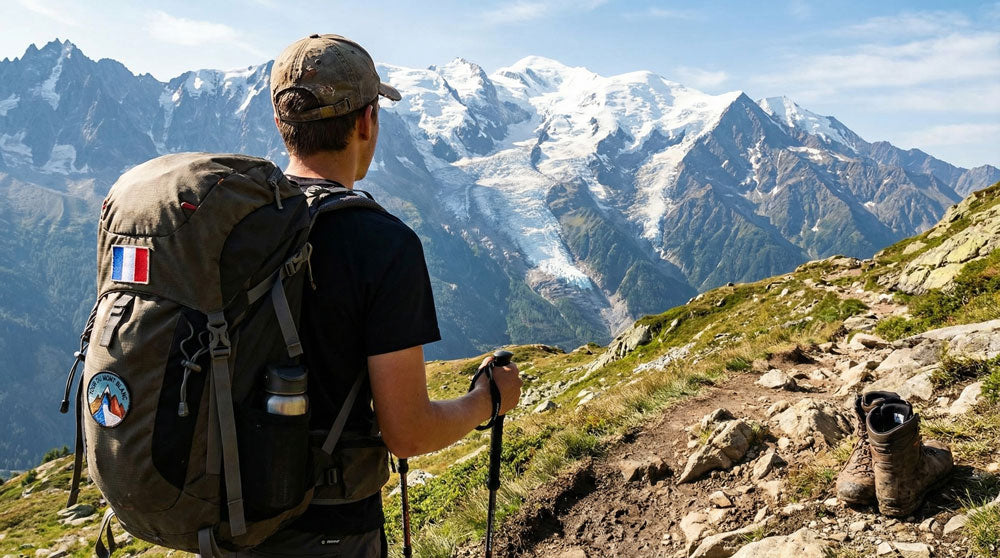 Man met grote rugzak en wandelstokken op bergpad, uitkijkend over besneeuwde bergtoppen in de Alpen op een zonnige dag.